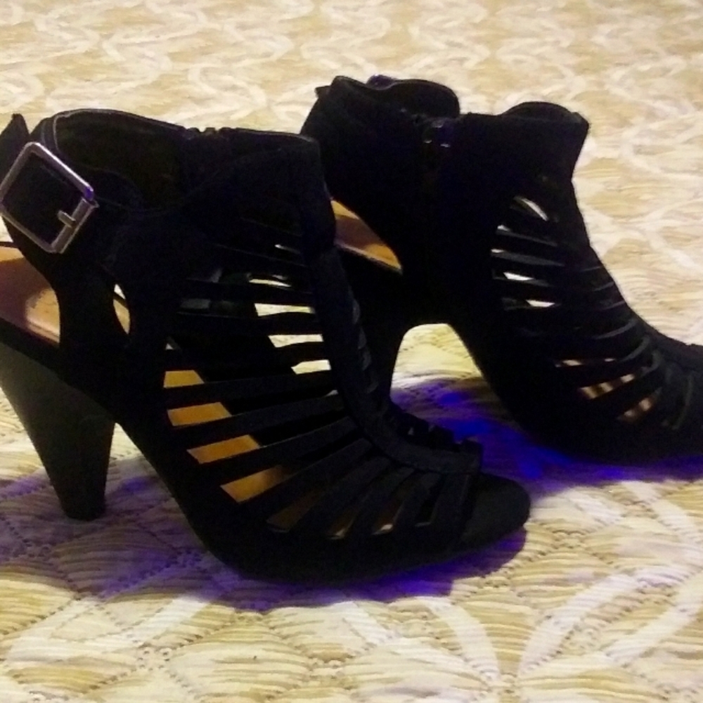 Black Suade Open Toed Heels